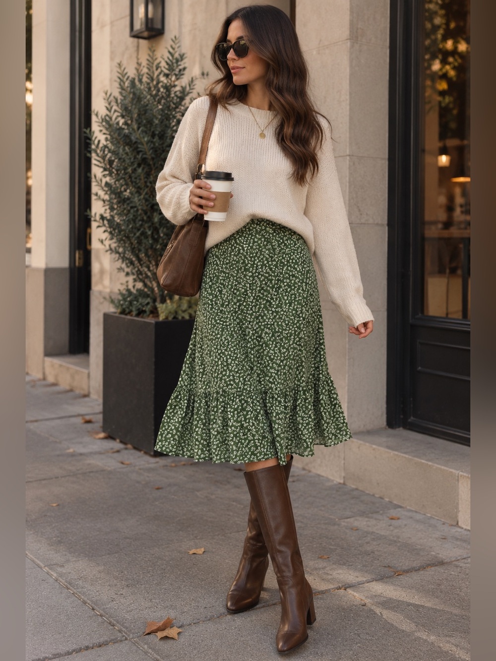 Women's Green Floral Midi Skirt with Ruffle Hem